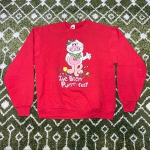 Vintage 1990 Christmas Cat Crewneck Sweatshirt L